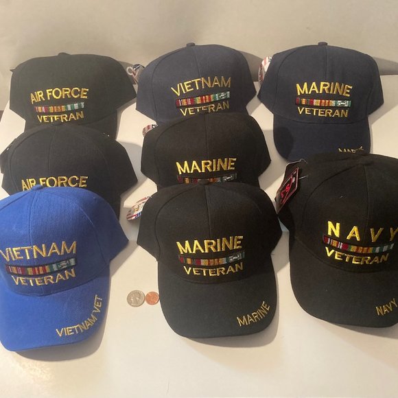 Lot of 9 Military Service Hats with Tags, Navy, Air Force,...